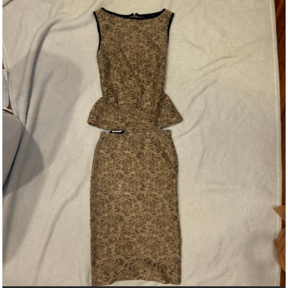 D&G Lace Peplum Top Pencil Skirt Set Brown Gold Black Trim Size 40